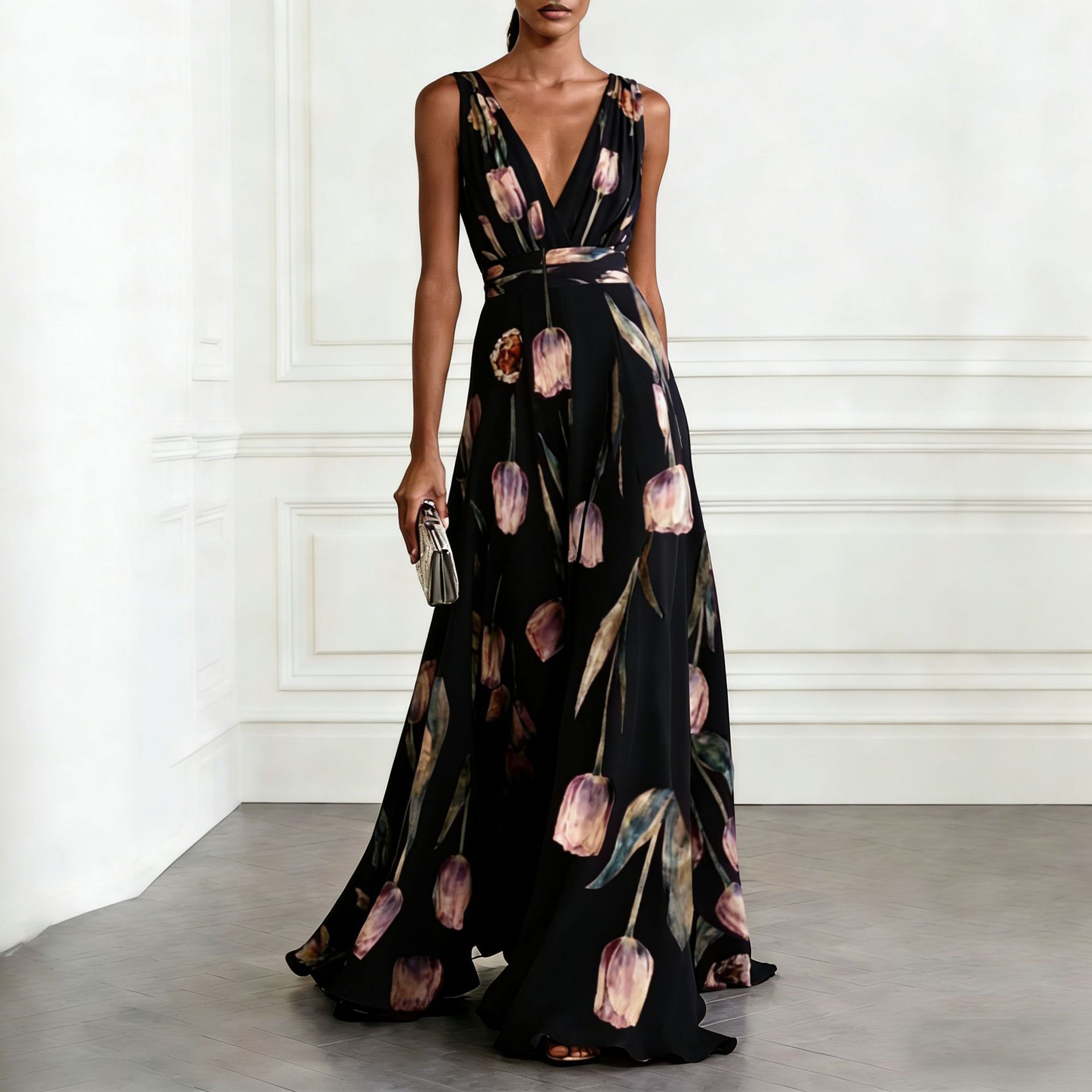Tulip Printed Evening Dress Women's Sleeveless V-Neck Chiffon Dress_ecoleips.com