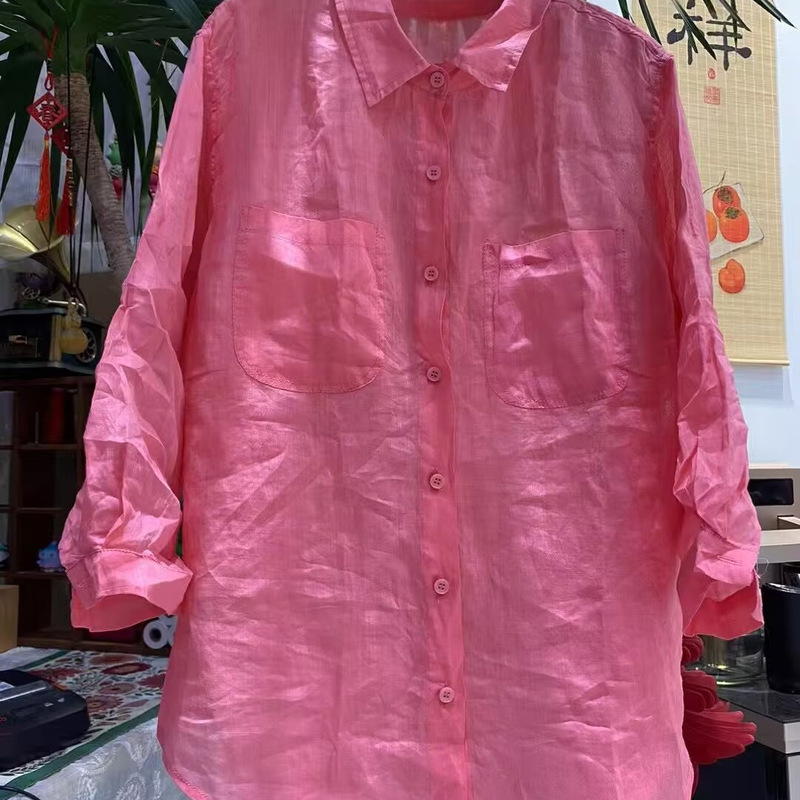 Long-sleeved shirt 2025 spring new literary temperament commuter ramie shirt loose version