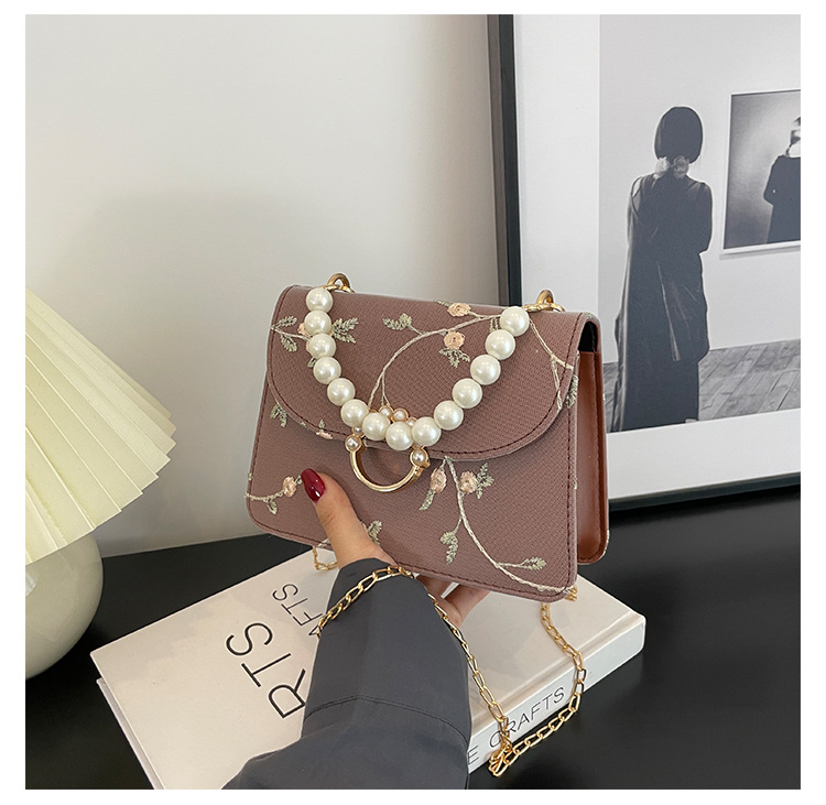 Bolso cuadrado de mano de perlas de moda simples bolso cuadrado de mujer 2024 nueva cadena de encaje de moda bolso cuadrado oblicuo de un hombro