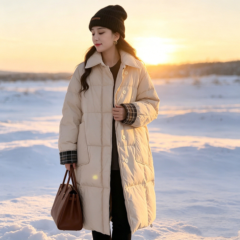 Plus Size down Jacket 100kg Fashion 2025 New Autumn and Winter Long Thickeneded Contrasting Color Stitching White Duck down Warm Jacket Plus Size down Jacket 100kg Fashion 2025 New Autumn and Winter Long Thickeneded Contrasting Color Stitching White Duck down Warm Jacket