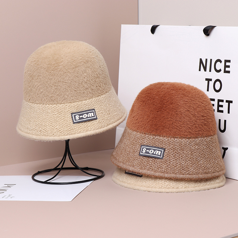Stickad bucket hat för dam höst och vinter varm färgglad_voghion.com