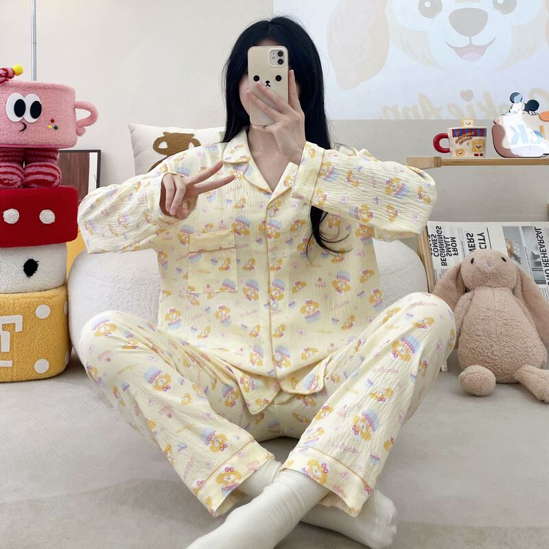 衫芊亿褶皱云朵棉睡衣女士春秋季印花翻领可爱卡通家居服套装新款|undefined