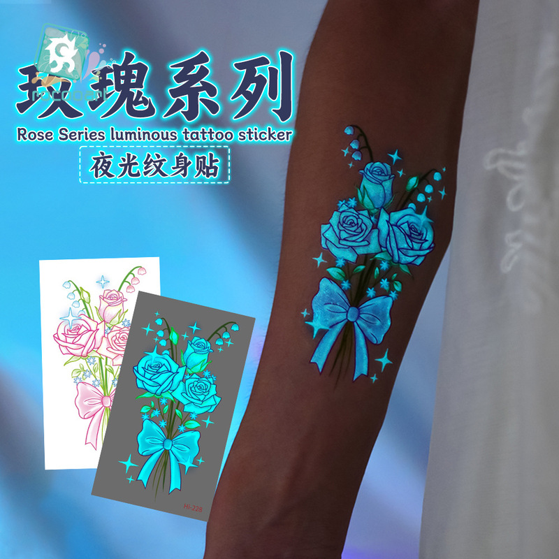 Cross-Border Hot-Selling Blue Luminous Watercolor Tattoo Stickers with a High-End Feel, Rose Flower on the Collarbone, Vincent Luminous Tattoo Stickers