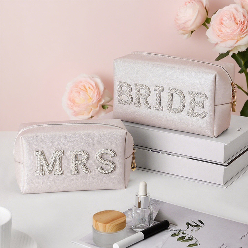 Cross-Border Amazon Hot-Selling Bridal Makeup Bag, Pearl Bride/Mrs Wedding Toiletry Bag, Party Storage Bag