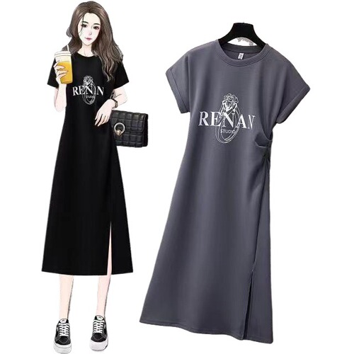 Women's Summer Dress for Plus Size, with Design Sense, Casual, Medium Long Length, Slit, Fitted, Slimming, Short-Sleeved Top and Skirt