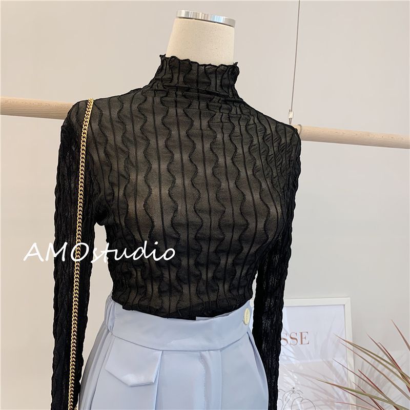 European Style High-Neck Mesh Base Shirt for Women, Long-Sleeved, Thin and Versatile for Spring and Autumn 2026, Transparent Lace, Stylish Inner Top
