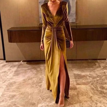 跨境亚马逊独立站2025女装金丝绒V领长袖礼服开叉连衣裙丝绒长裙