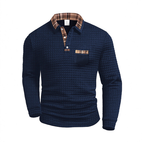 Spring and autumn new style European and American men's casual solid color plaid parquet pocket lapel long-sleeved sports polo shirt men