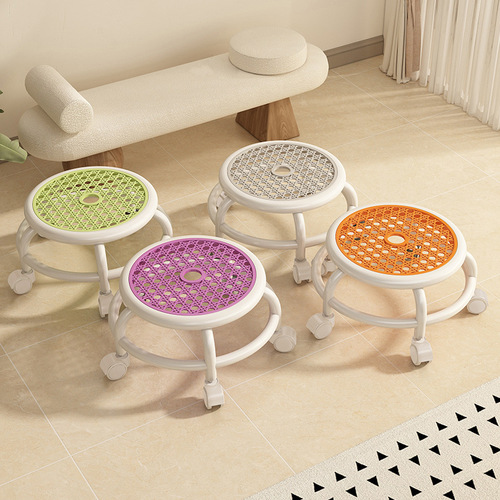Multifunctional short shoe-changing stool for home, rotating and mobile small stool for home, silent universal wheel round stool, imitation rattan