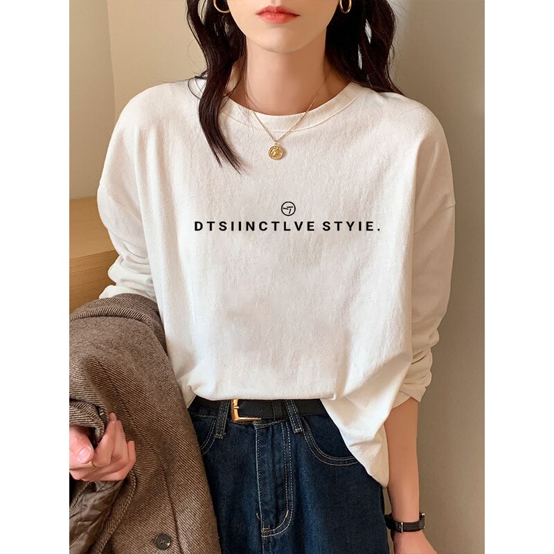 White Loose Cotton Long-Sleeved T-Shirt Women's 2025 New Autumn and Winter Slimming Look Inner Layering Shirt Round Neck Top