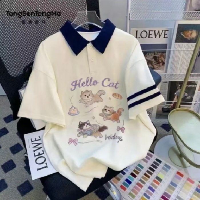 Girls' Polo Collar Short-Sleeve Summer Clothing, Color Block Turn-Down Collar Thin Cartoon T-Shirt for Medium and Large Children