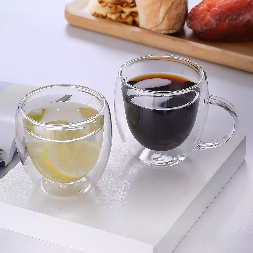 Taza de té aislada transparente en forma de huevo redonda Taza de café de leche de jugo doméstico resistente al calor de borosilicato de vidrio de doble capa