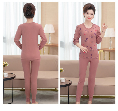 Middle-aged and elderly pure cotton autumn clothes and long johns set for women, thermal underwear set for middle-aged and elderly mothers, pure cotton sweater