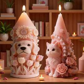 星耀 仿真狗猫向日葵郁金香香薰蜡烛硅胶模具 DIY 手工萌宠花卉滴