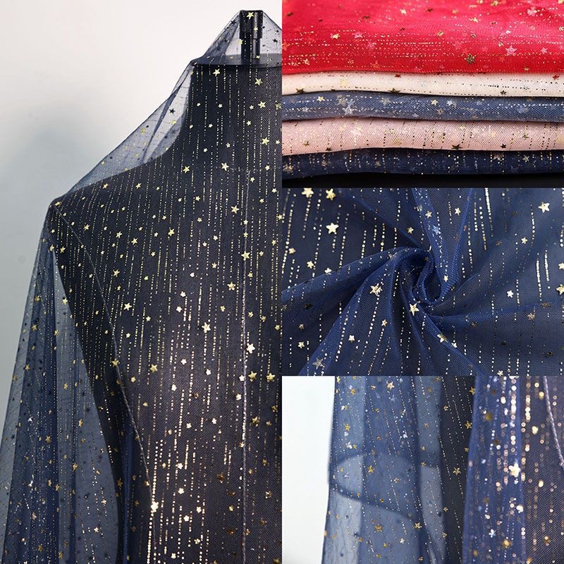 现货星星雨滴烫金网纱面料礼服裙装装饰布支持代加工贴标包装