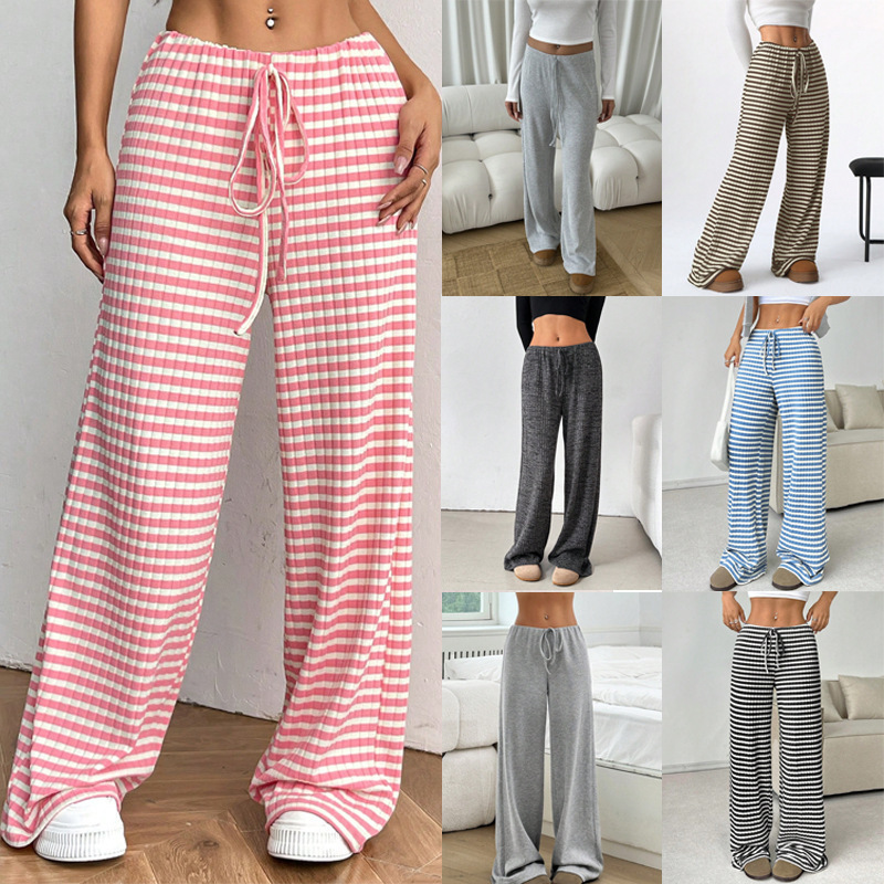2025 Spring and Autumn Amazon European and American Cross-Border Women's New Casual Striped Solid Color Elastic Drawstring Cotton Straight Pants