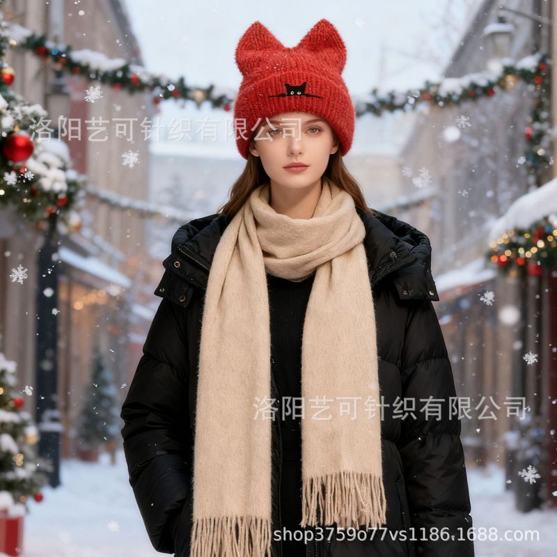 跨境新款猫咪耳朵针织帽刺绣毛线帽可爱秋冬保暖套头帽子外贸冷帽|undefined