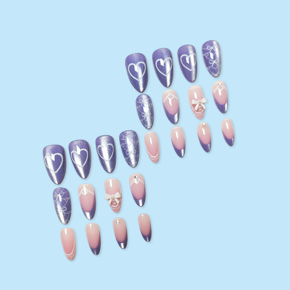 Púrpura polvo gradiente de encaje amor usar uñas, arco tridimensional, ojo de gato, 24 piezas de uñas falsas de comercio exterior, lote mixto image 4