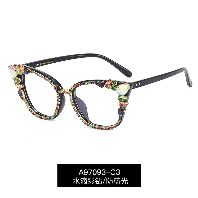 A97093 nueva moda ojo de gato anti-azul gafas de luz gafas ópticas de marco completo de moda punto diamante gafas lisas para mujeres