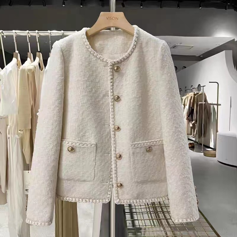 2023 Autumn and Winter New Korean Style Off-White French Short Style Ladylike Tweed Jacket for Women