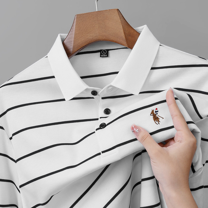 Big Brand Men's Mercerized Cotton Polo Shirt New Fashion Striped Casual Young and Middle-Aged Men's Top