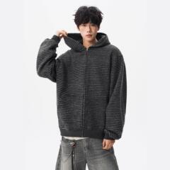 美式条纹重磅连帽卫衣外套男潮牌秋季宽松复古慵懒风拉链夹克开衫