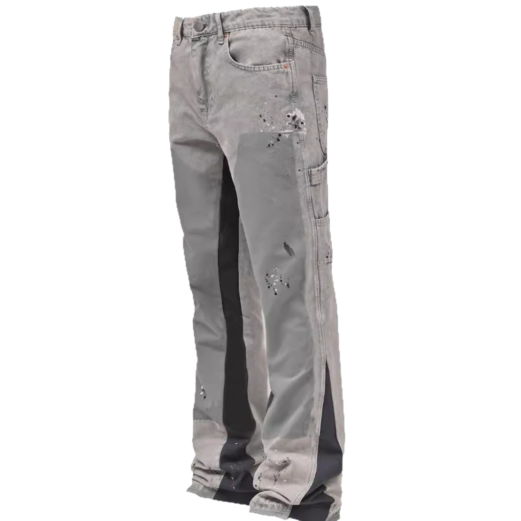 2025 Men's Denim Overalls European And American Fashion Ins Tooling Explosion Elastic Patch Denim Laminated Flared Pants_voghion.com