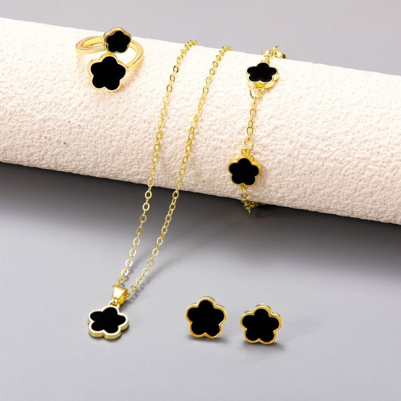 Cross-border Fresh Flower Jewelry suit Fashion Lucky Flower Necklace Simple Five-leaf Clover Bracelet Earrings Ring for Women