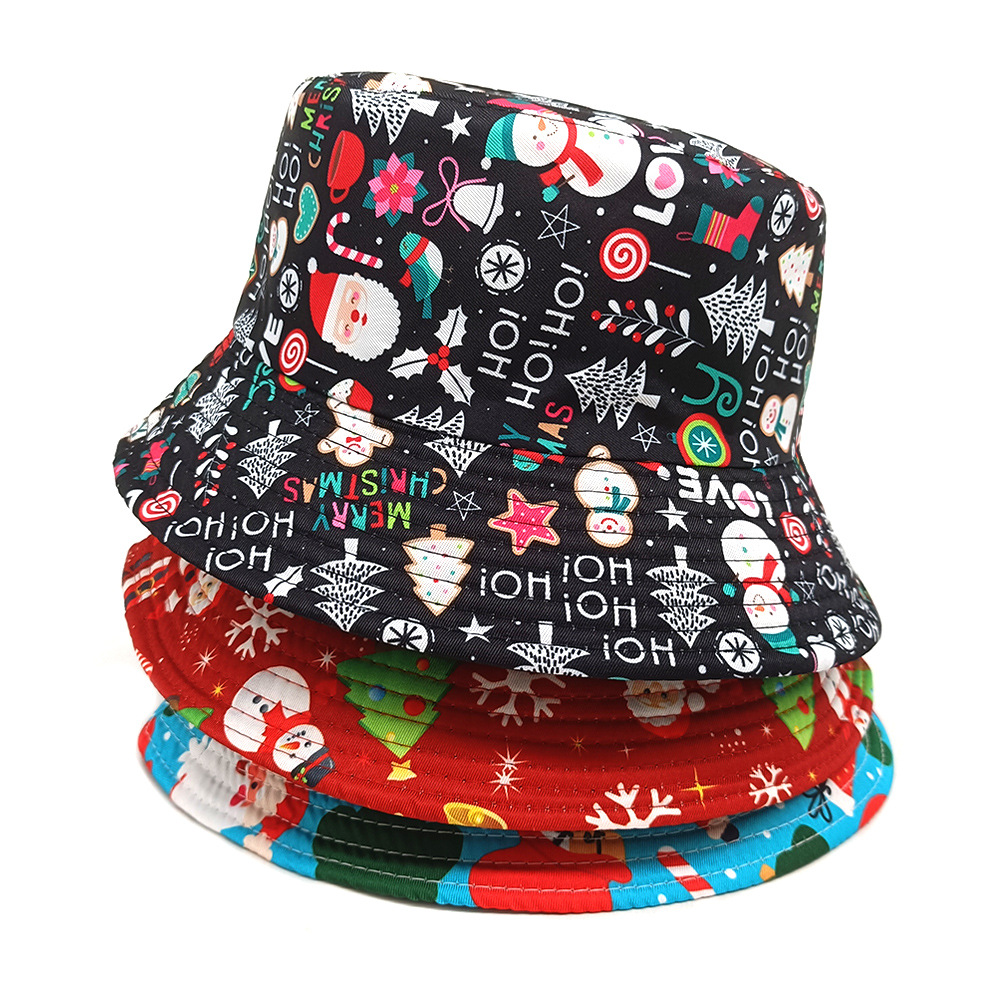 Nouveau Père Noël Bonhomme de neige Flocon de neige Cadeau Imprimé Pot de pêcheur Chapeau de Noël pour femme_voghion.com