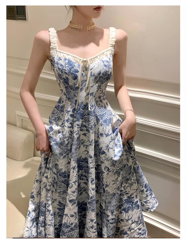 Fairy Floral Sling dress New Chinese Style Retro Elegant Dosing Seaside Vacation V-neck Long Dress
