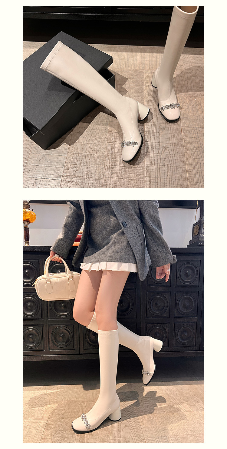 Boot nữ cổ cao ôm bắp chân phong cách vải tuýt, gót thô 5 cm, đế dày, mũi tròn — nhung đen, Lớp lót đơn màu trắng nhạt, Lớp lót đơn màu đen, Lớp lót nhung màu trắng nhạt chi tiết 18