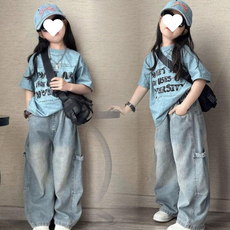 Летние повседневные футболки с короткими рукавами в стиле батик для мальчиков и девочек, тонкие джинсовые брюки для детей старшего возраста, модные прямые брюки.