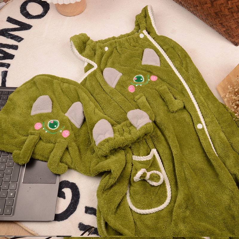 兒童草莓熊浴巾珊瑚絨浴裙干發帽可愛浴巾草莓熊加厚家用可裹浴袍