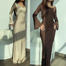 2025秋冬季跨境女装纯色圆领长袖系带国风气质慵懒风收腰连衣裙女