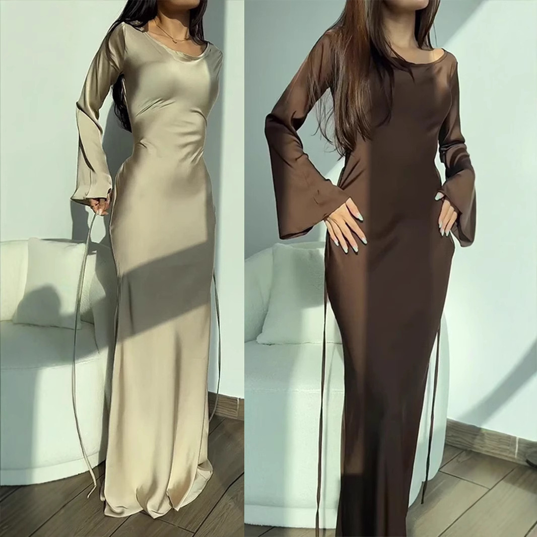 2025秋冬季跨境女装纯色圆领长袖系带国风气质慵懒风收腰连衣裙女