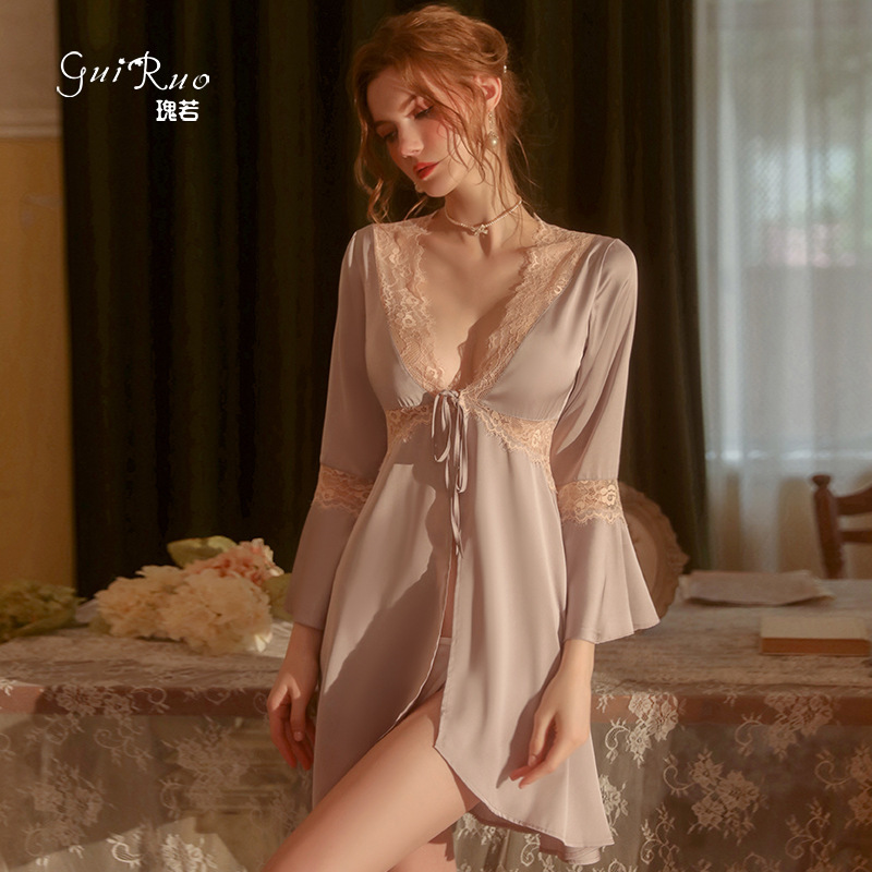 Ruoruo spring and summer new pure color pajamas sweet lace cardigan lace-up robe bathrobe women's homewear suit 1713