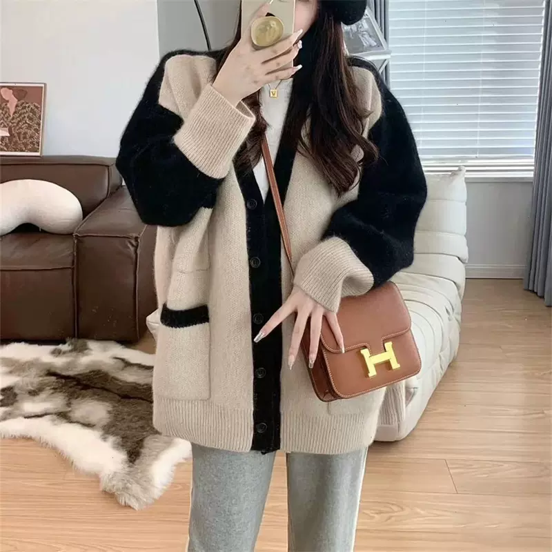 韩系慵懒风宽松毛衣新款2023秋冬新款撞色休闲拼接外套针织开衫女