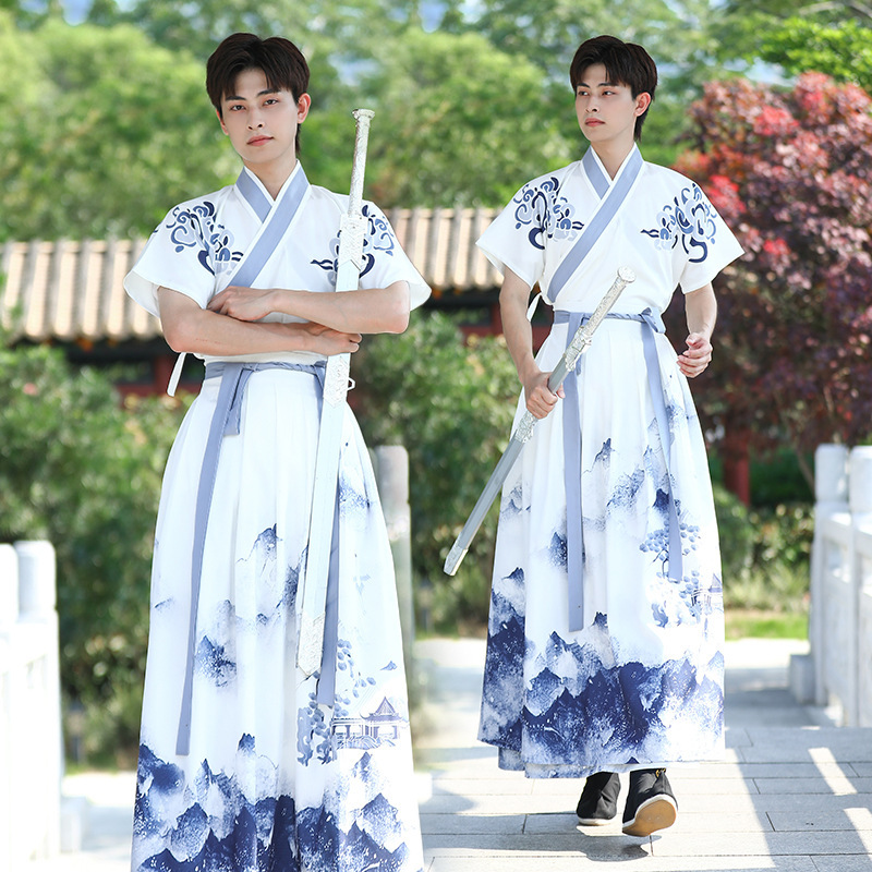 Chinese Style Ancient Costume Hanfu Men's Summer Thin Modified Hanfu Short-sleeved suit Chivalrous Scholars Guoxue Clothing Tea Clothing