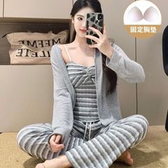 睡衣女款春秋长袖三件套带胸垫吊带2025新款女款秋冬家居服可外穿