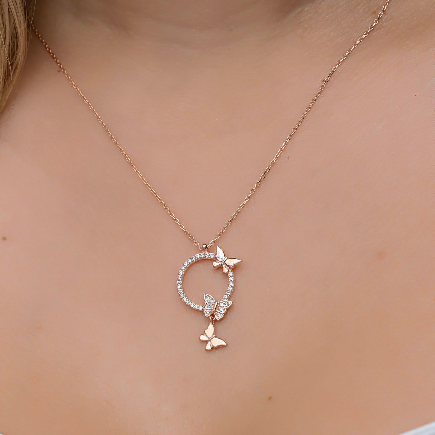 New diamond studded butterfly circular ring pendant with collarbone chain, Instagram style friendship necklace, best_voghion.com