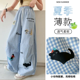 女童夏季薄款裤子2026新款洋气休闲中大童儿童卡通动物格子阔腿裤