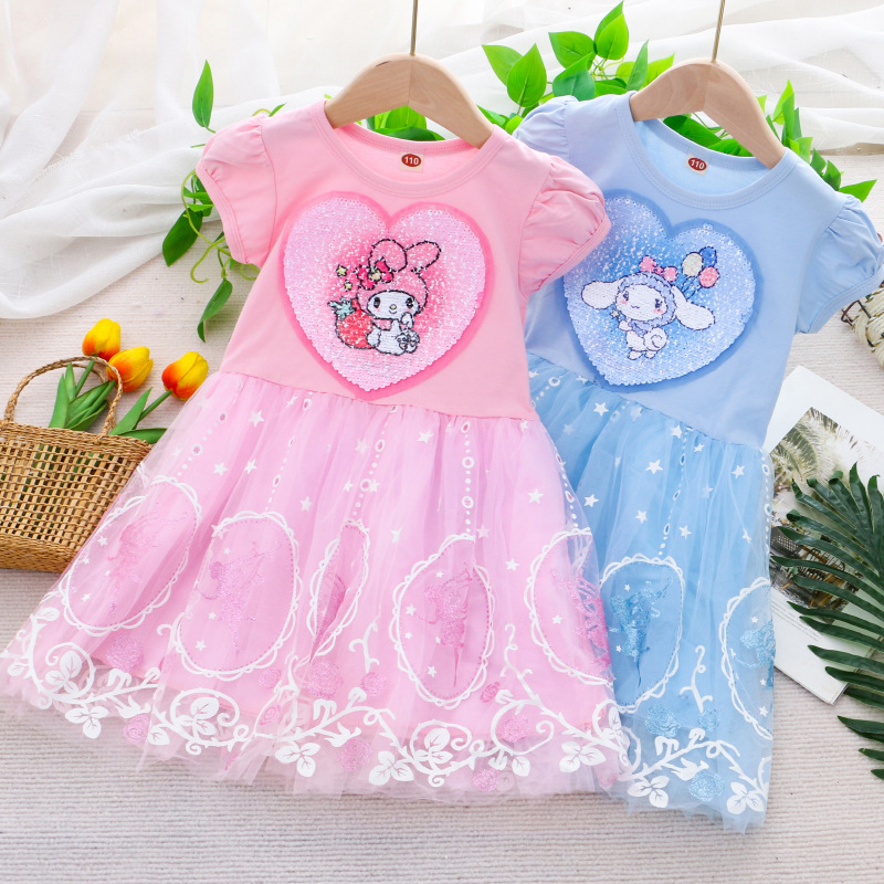 Girls' Dress Short-Sleeved Summer Dress New Style Princess Dress Mesh Dress Performance Cotton One-Piece Dropshipping