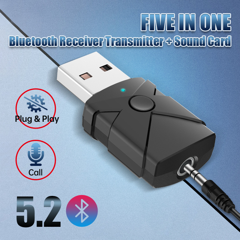 Nuevo cinco en uno Bluetooth 5,2 receptor USB tarjeta de sonido de la computadora 3,5 receptor Bluetooth stick