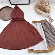 秋季女童小众气质尖帽全羊毛斗篷半裙套装