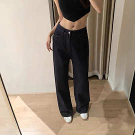 红线阔腿牛仔裤女早秋新款低腰小个子宽松显瘦垂感拖地直筒裤子