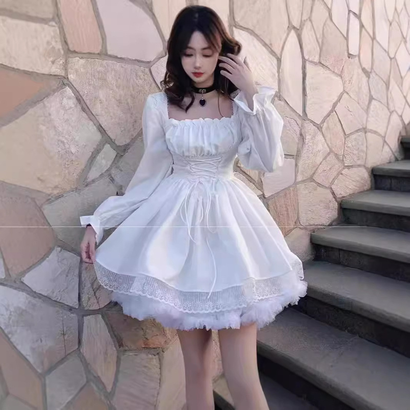 Sweet Princess Cute Lolita dress 2024 Spring and Autumn New Square Collar Strap Waist Long Sleeve Skirt