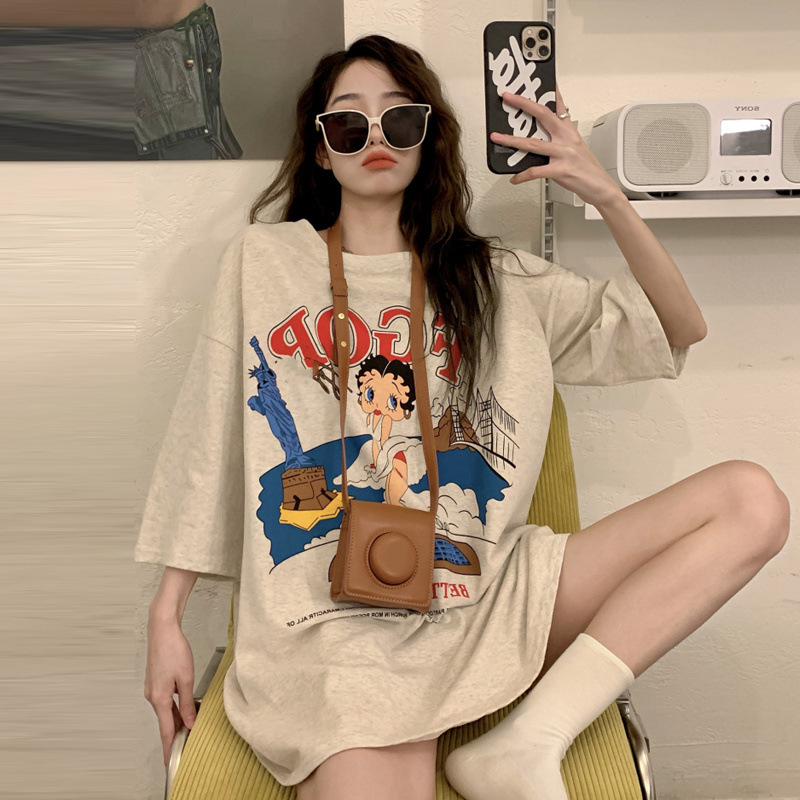 American Retro Large Size T-Shirt for Women, Pure Cotton, Trendy Brand Vintage Short-Sleeved Ins2026 New Summer Round Neck Top