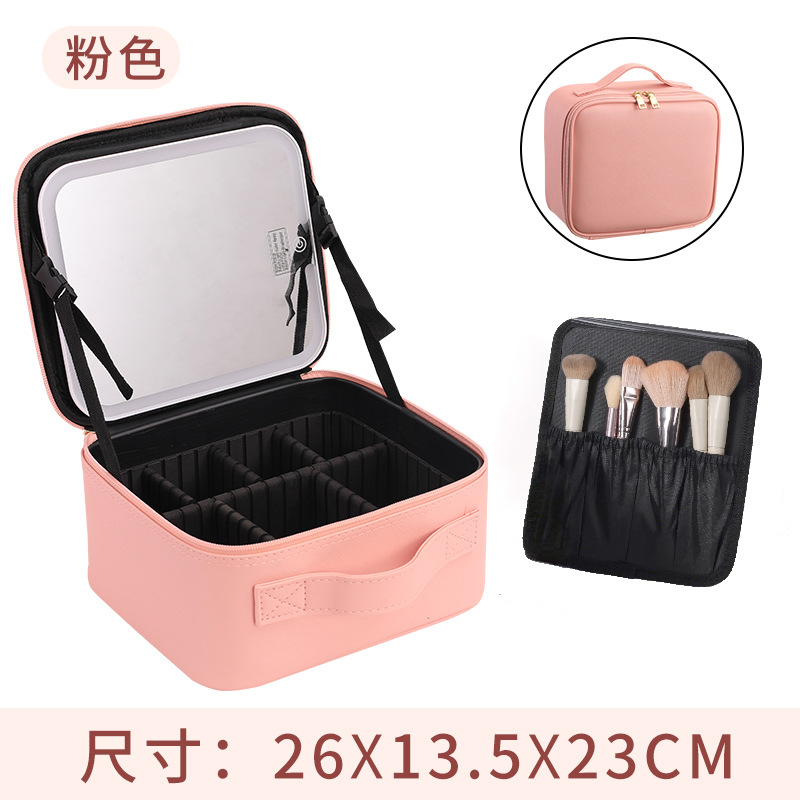 Bolsa de maquillaje con luz LED y espejo, bolsa de almacenamiento de cosméticos negra de gran capacidad, estuche de maquillaje en polvo, esencial para viajes con LED