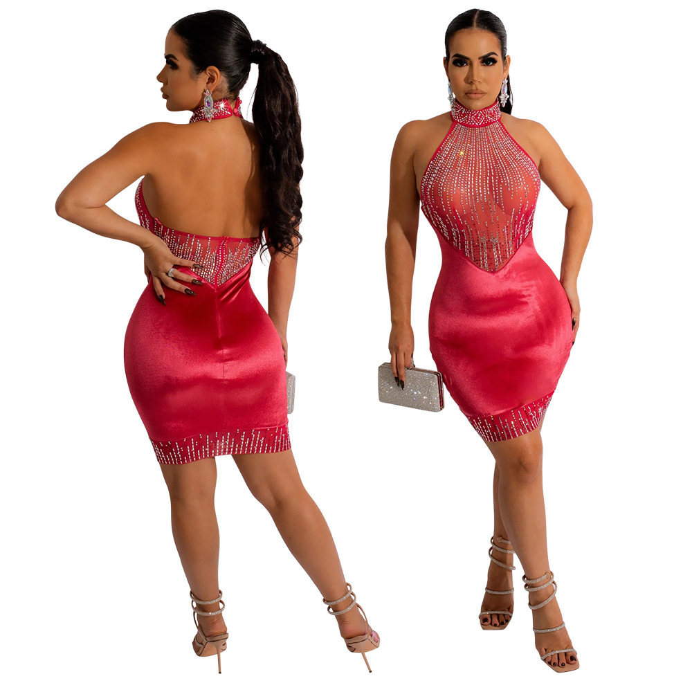 Polyester Fabric Type Mid Waist Waist Line Daily Occasion Halter Neck Neckline Regular Fit Fit Type Wholesale Women'S Sexy Patchwork Diamond Solid Color Daily Halter Neck Sleeveless Regular Dress