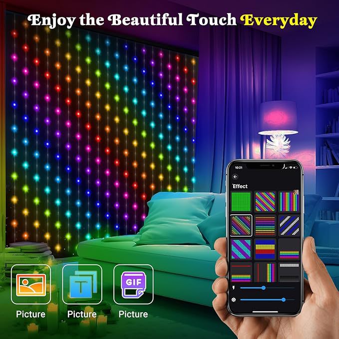 クロスボーダーカーテンライト、カラフルなDIY雰囲気装飾ポイントコントロールレザーライト、スマートAPPプログラマブル電源カーテンライト|undefined